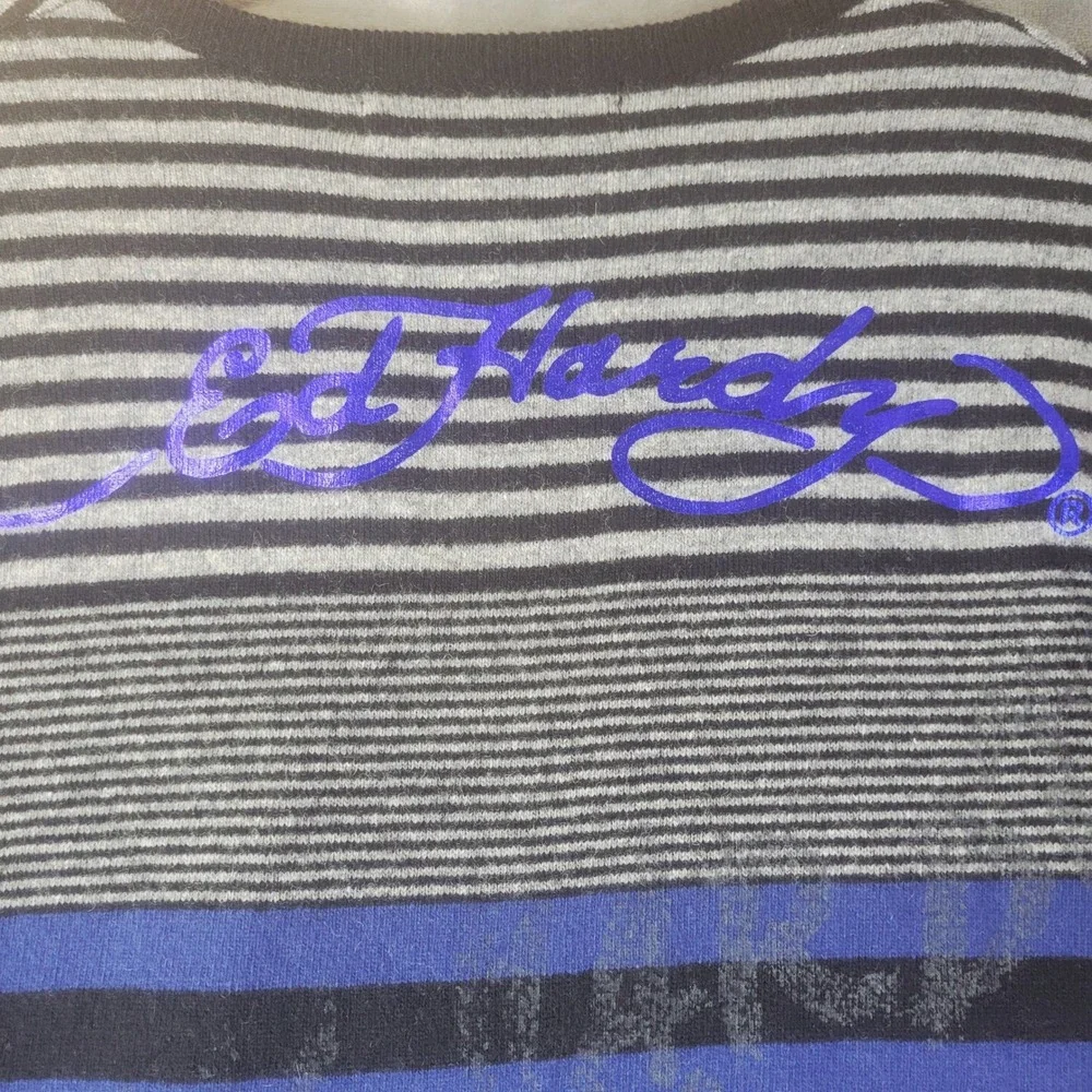 Ed Hardy Christian Audigier Mens XL V-Neck Striped Wool Blend Sweater Grey Blue
